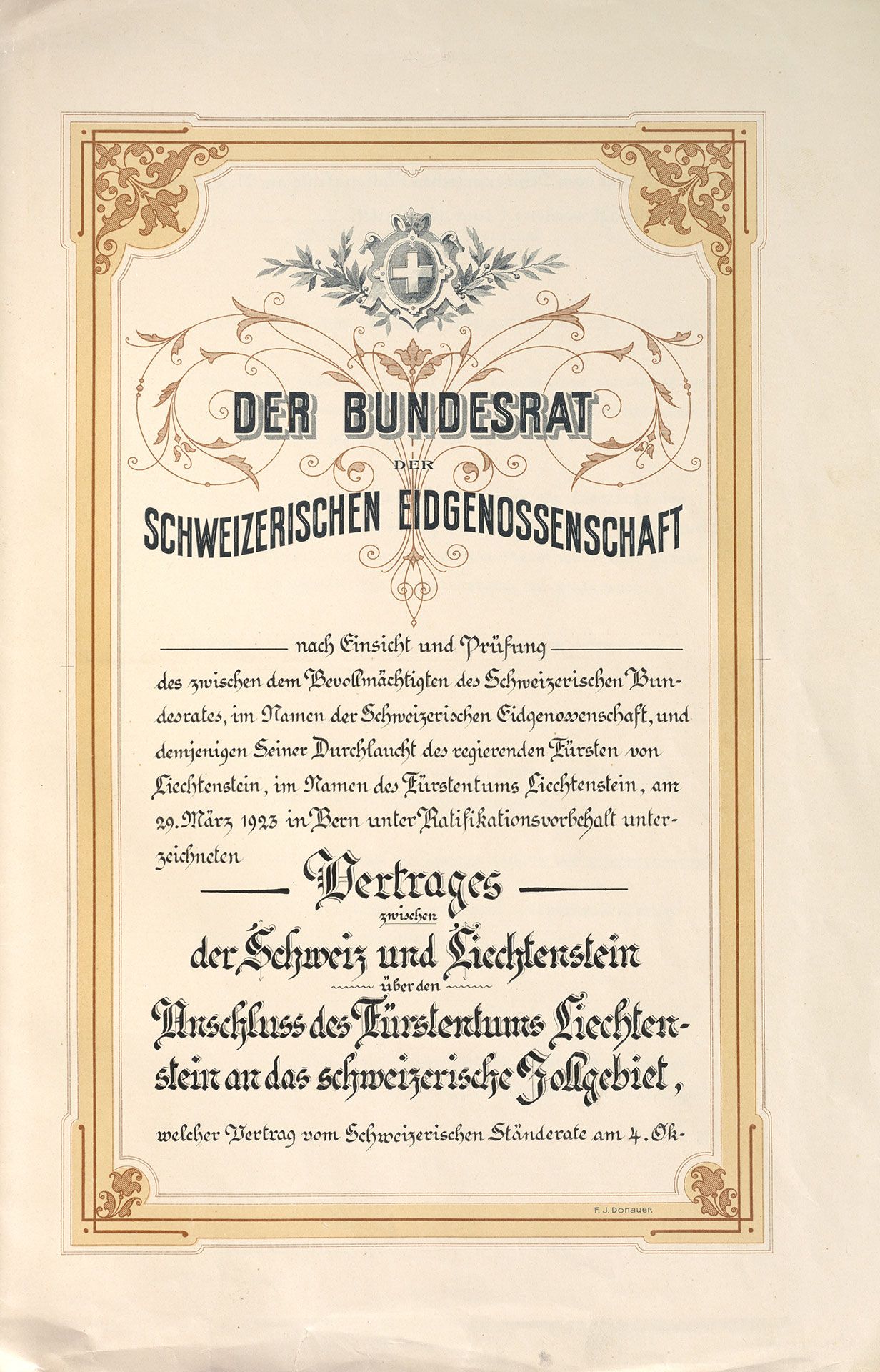 Die erste Seite der Schweizer Ratifikationsurkunde zum Zollvertrag.